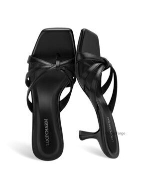 Women's Strappy Kitten Heels Flip Flop Sandals with Square Toe Vegan Leather